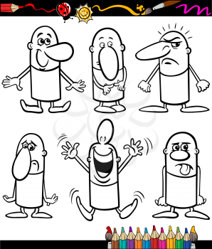 Coloring Book or Page Cartoon Illustration Set of Black and White Funny People Emotions or Expressions for Children