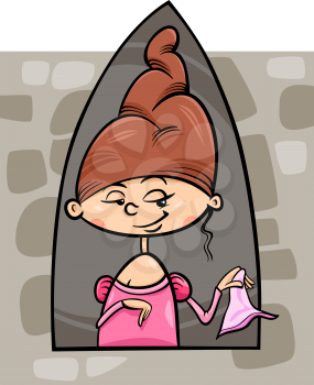 Cartoon Illustration of Cute Beautiful Princess at the Tower Window Fairytale Fantasy Character