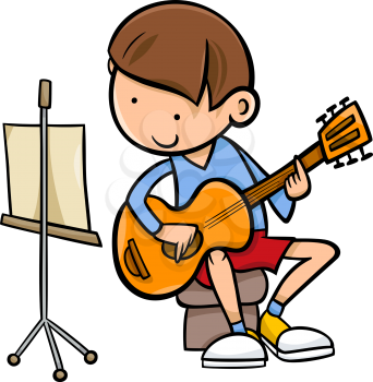 Cartoon Illustration of Cute Boy Playing on the Guitar