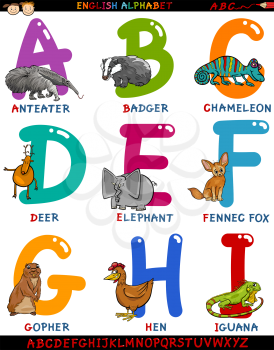 Cartoon Illustration of Colorful English Alphabet Set with Funny Animals from Letter A to I