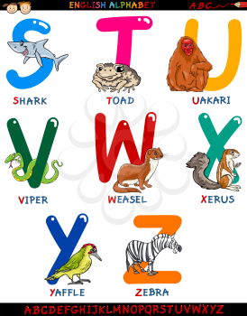 Cartoon Illustration of Colorful English Alphabet Set with Funny Animals from Letter S to Z