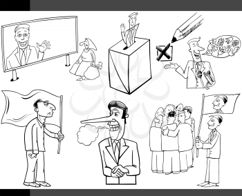 Black and White Illustration Set of Humorous Cartoon Concepts or and Metaphors of Politics and Democracy