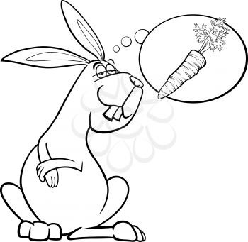 Black and White Cartoon Illustration of Funny Rabbit Dreaming about Carrot for Coloring Book