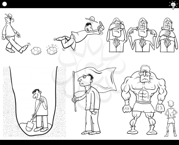 Black and White Illustration Set of Humorous Cartoon Concepts or Ideas with Funny Characters