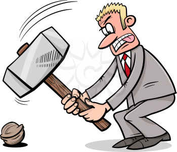 Cartoon Humor Concept Illustration of Sledgehammer to Crack a Nut Saying or Proverb