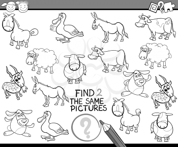 Black and White Cartoon Illustration of Finding the Same Pictures Educational Game for Preschool Children