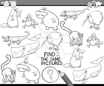 Black and White Cartoon Illustration of Finding the Same Pictures Educational Game for Preschool Children