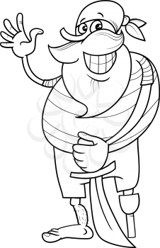 Black and White Cartoon Illustration of Funny Pirate with Peg Leg and Sword for Coloring Book