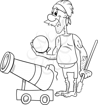 Black and White Cartoon Illustration of Funny Pirate Character with Cannon and Cannonball for Coloring Book