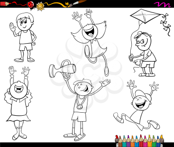 Black and White Cartoon Illustration of Cute Little Boys and Girls Children Characters Set for Coloring Book