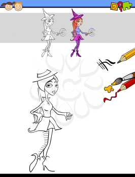 Cartoon Illustration of Drawing and Coloring Educational Task for Preschool Children with Witch or Fairy Fantasy Character