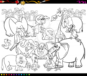 Black and White Cartoon Illustration of Scene with African Safari Animals Characters Group for Coloring Book