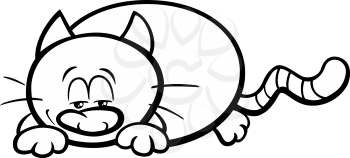 Black and White Cartoon Illustration of Sleepy Happy Cat Animal Character for Coloring Book