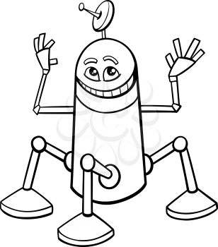 Black and White Cartoon Illustration of Funny Robot Character for Coloring Book