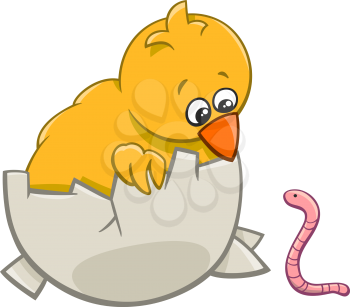 Cartoon Illustration of Little Chick in Egg and Earthworm