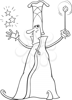 Black and White Cartoon illustration of Wizard or Sorcerer Fantasy Character Casting a Spell for Coloring Book