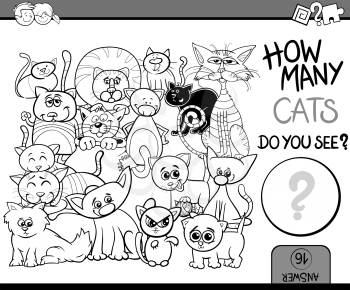 Black and White Cartoon Illustration of Educational Counting Task for Preschool Children with Cats Animal Characters Coloring Book