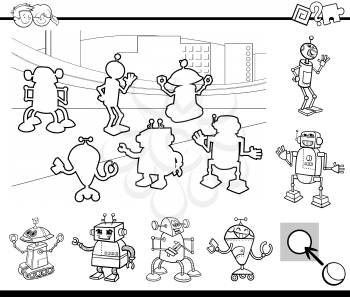 Black and White Cartoon Illustration of Educational Activity Task for Preschool Children with Robot Characters for Coloring Book
