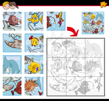 Cartoon Illustration of Education Jigsaw Puzzle Activity Task for Children with Fish and Sea Life  Animal Characters