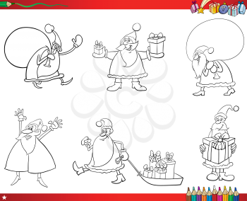 Coloring Book Cartoon Illustration of Black and White Set with Santa Claus Christmas Characters