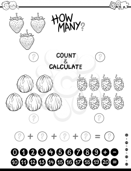 Black and White Cartoon Illustration of Educational Mathematical Algebra Counting and Addition Activity for Children Coloring Page