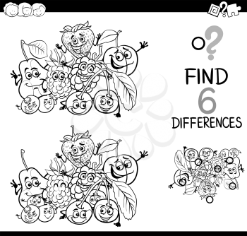 Black and White Cartoon Illustration of Finding the Difference Educational Activity for Children with Fruit Characters Coloring Page