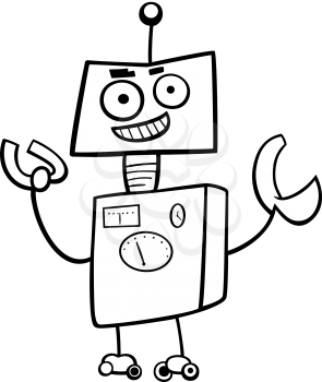 Black and White Cartoon Illustration of Funny Robot or Droid Character Coloring Page
