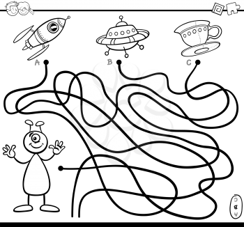 Black and White Cartoon Illustration of Paths or Maze Puzzle Activity Game with Alien Character and Ufo Coloring Page