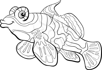 Black and White Cartoon Illustration of Mandarin Fish Sea Life Animal Character Coloring Page