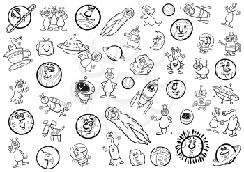 Black and White Cartoon Illustration of Space Objects and Fantasy Characters Set Coloring Page