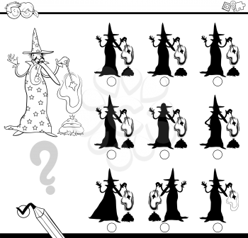 Black and White Cartoon Illustration of Find the Shadow without Differences Educational Activity for Children with Wizard Fantasy Character Coloring Page