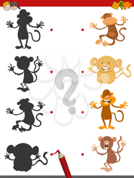 Cartoon Illustration of Find the Shadow Educational Activity Game for Children with Monkeys Animal Characters