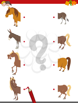 Cartoon Illustration of Educational Matching Halves Game with Horses and Donkey Farm Animal Characters