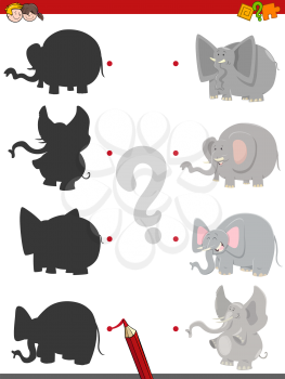 Cartoon Illustration of Find the Shadow Educational Activity Game for Children with Elephant Animal Characters