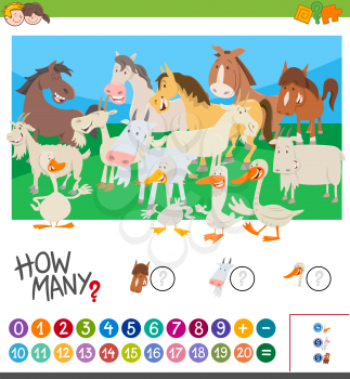 Cartoon Illustration of Educational Mathematical Activity Game of Counting Farm Animal Characters