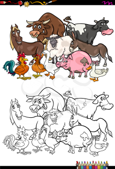 Cartoon Illustration of Farm Animal Characters Group Coloring Book Activity