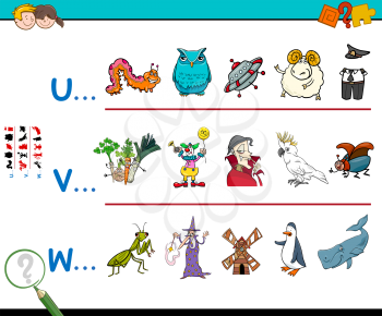 Cartoon Illustration of Searching Pictures Starting with Referred Letter Educational Game for Children