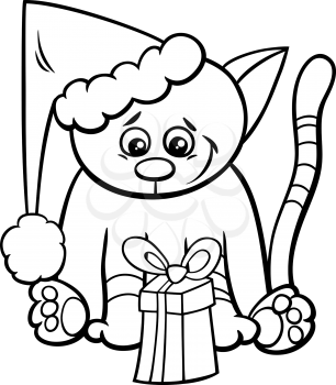 Black and White Cartoon Illustration of Cat or Kitten Funny Animal Character with Christmas Present Coloring Book