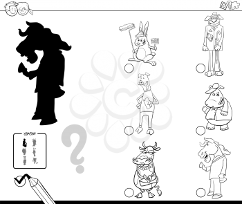 Black and White Cartoon Illustration of Finding the Shadow without Differences Educational Activity for Children with Fantasy Animal Characters Coloring Book