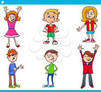 Cartoon Illustration of Elementary Age Children Characters Set