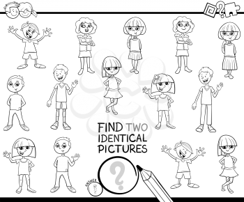 Black and White Cartoon Illustration of Finding Two Identical Pictures Educational Game for Kids with Children or Teenager Characters Coloring Book