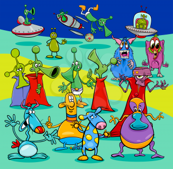Cartoon Illustration of Aliens Science Fiction Characters Group