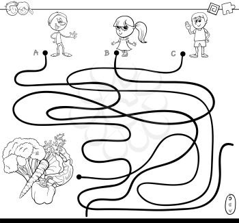 Black and White Cartoon Illustration of Paths or Maze Puzzle Activity Game with Children Characters and Healthy Vegetables Coloring Book