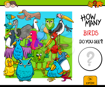 Cartoon Illustration of Educational Counting Activity Game for Children with Birds Animal Characters