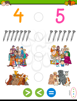 Cartoon Illustration of Educational Mathematical Game of Greater Than, Less Than or Equal to for Kids with Objects and Characters