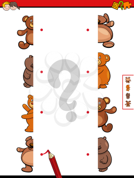 Cartoon Illustration of Educational Game of Matching Halves of Teddy Bears Characters