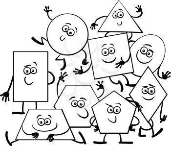 Black and White Cartoon Illustration of Basic Geometric Shapes Funny Characters Coloring Book