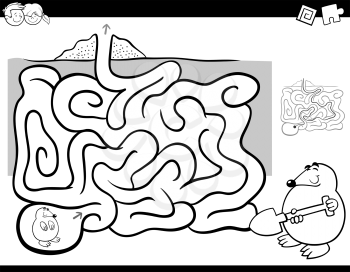 Black and White Cartoon Illustration of Education Maze or Labyrinth Activity Game for Children with Mole Animal Character Coloring Page