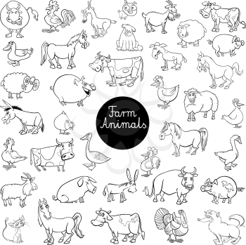 Black and White Cartoon Illustration of Farm Animal Characters Big SetColoring Book