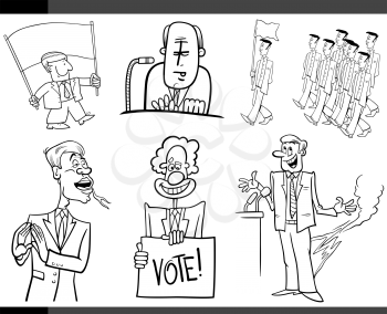Black and White Set of Humorous Cartoon Concept Illustrations of Politics and Politicians